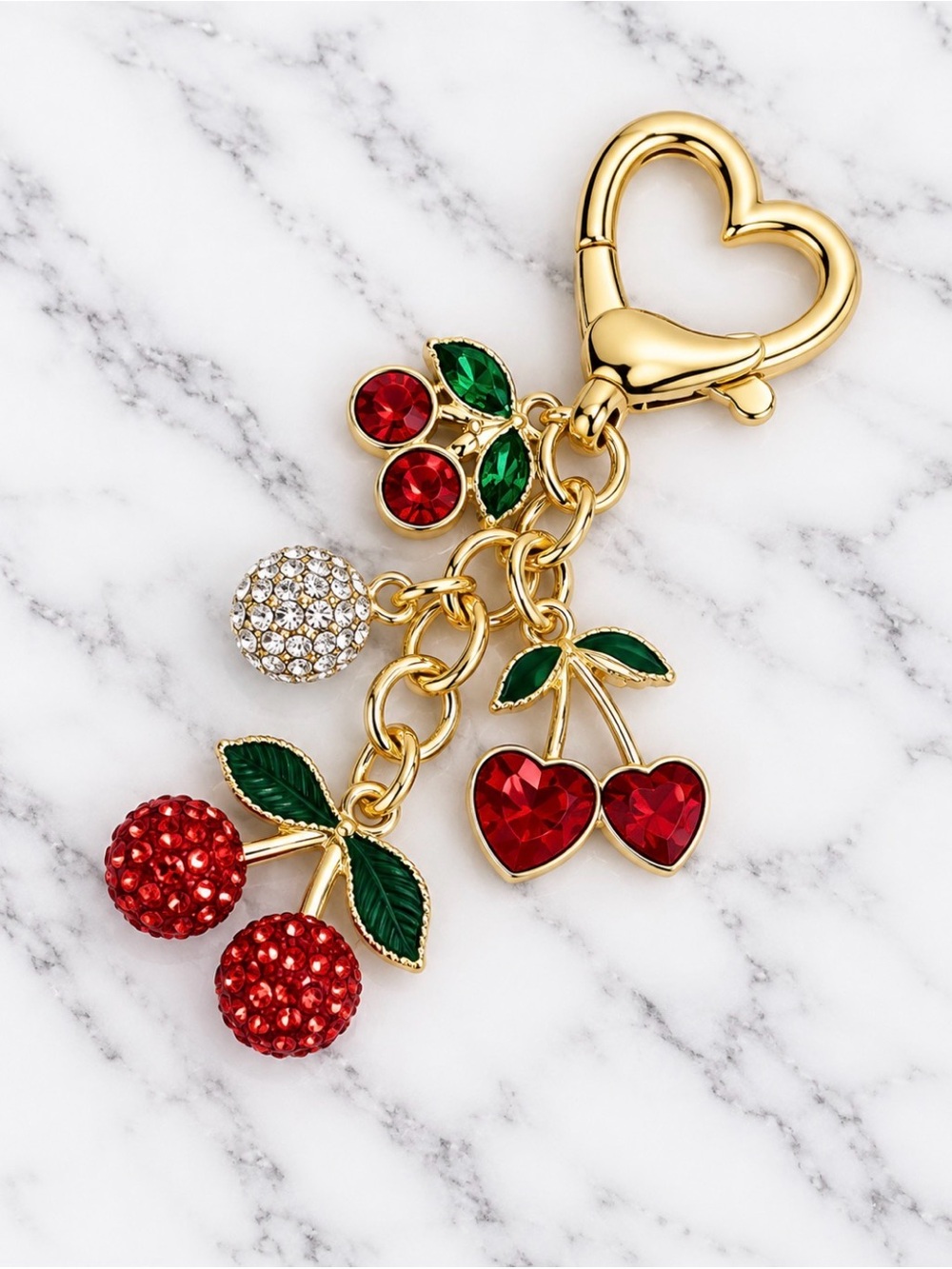 Bag Charm/Keyring-Red and White Rhinestoned Cherry/Hearts Charm-Gold Hardware